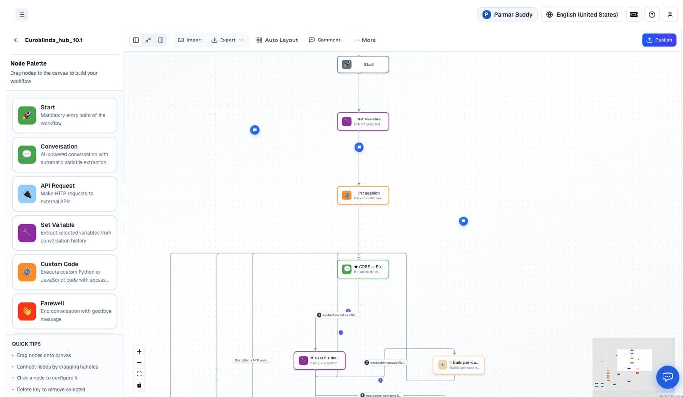 Kalimera workflow builder canvas with node palette