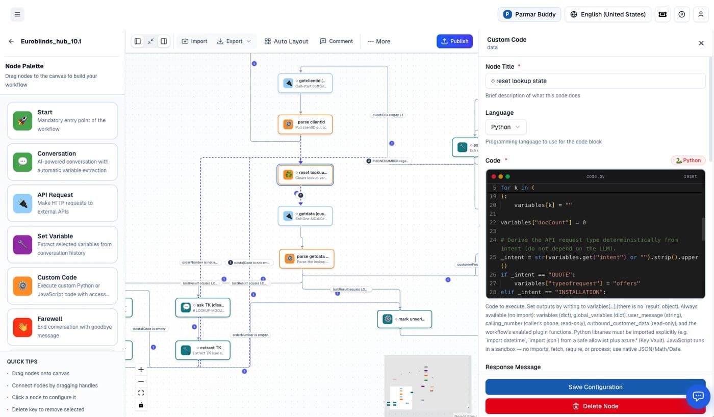 Custom Code node configuration with Python code and variable access