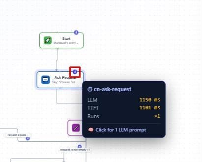 Node timing badge popover showing LLM and TTFT milliseconds