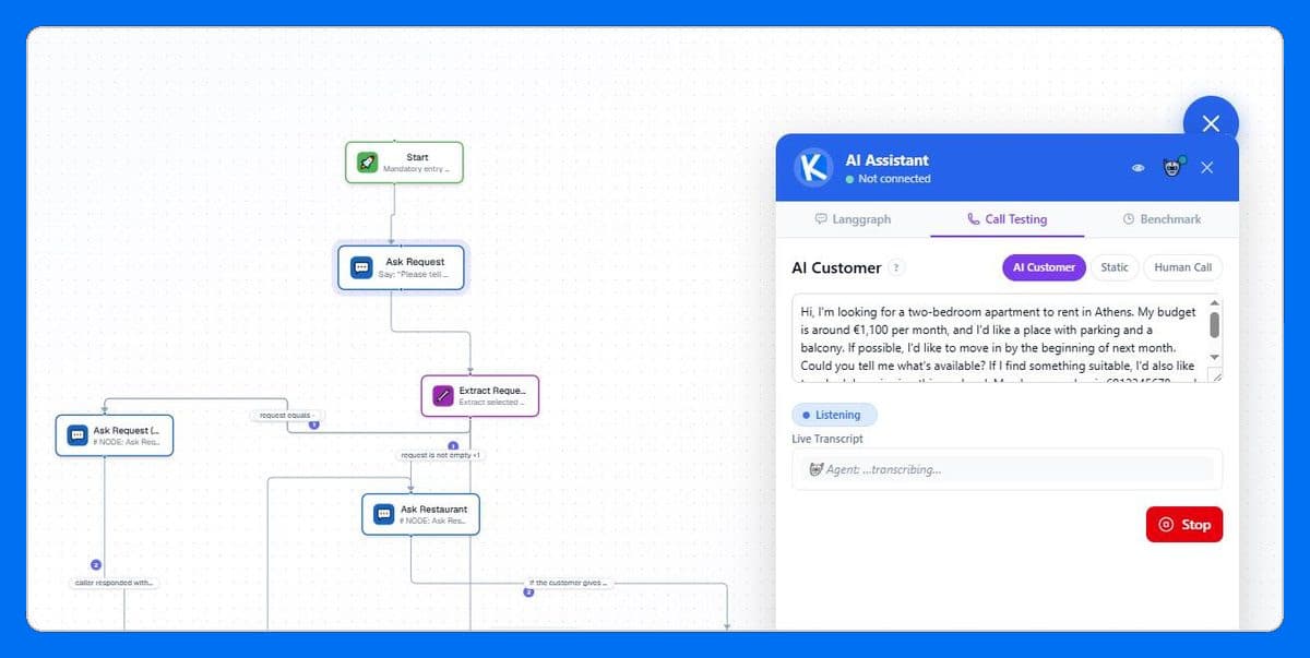 Phone call simulation with AI customer persona and live transcript