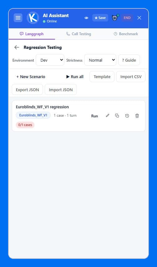 Regression testing panel with saved scenarios and AI judge