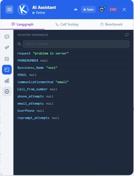 Variables drawer listing live session variables